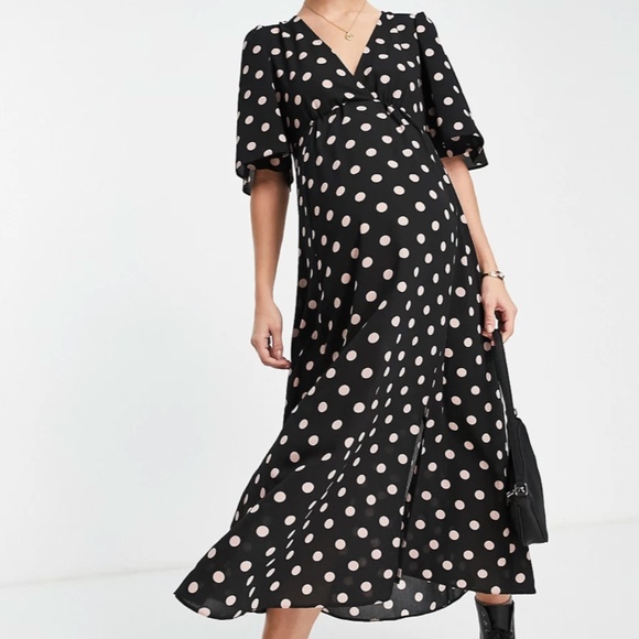 NEW Maternity ASOS DESIGN Angel Sleeve Maxi Polka Dot Dress in Black & Cream - Picture 1 of 4